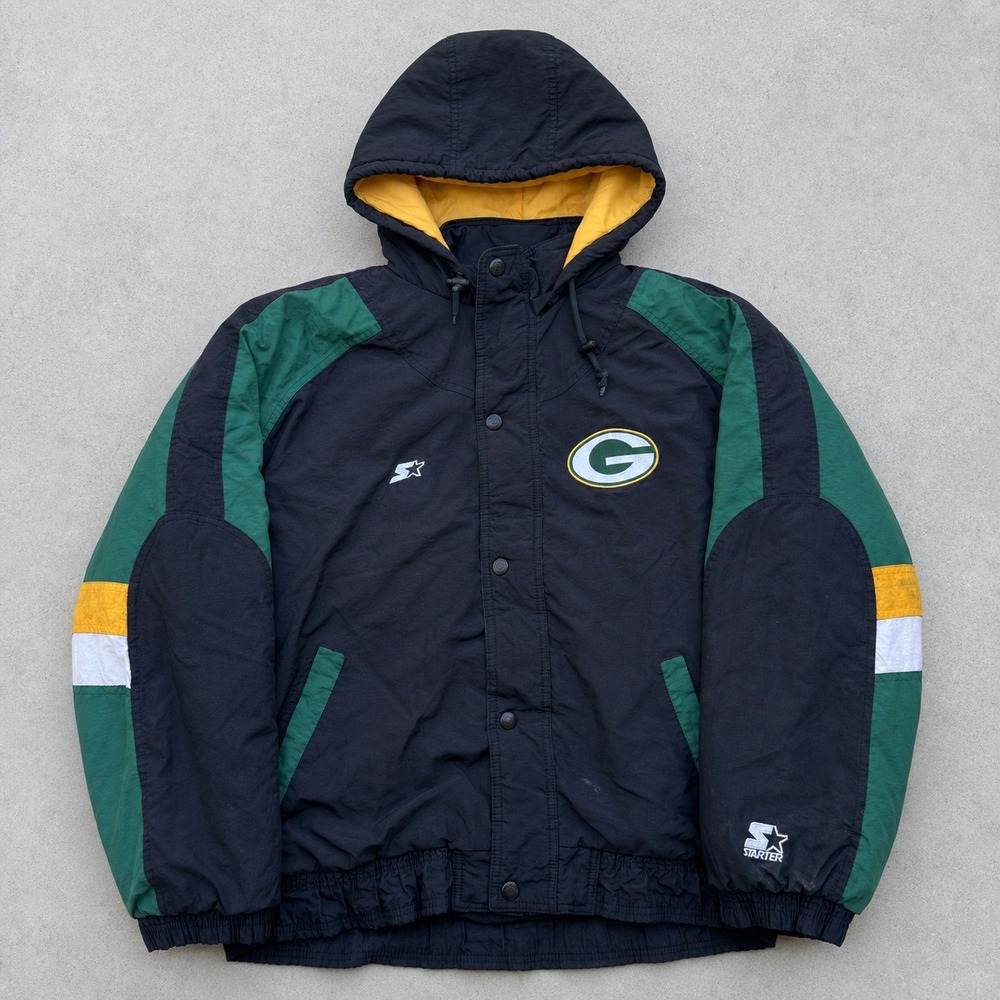 Vintage Starter Green Bay Packers NFL Hooded Puffer Jacket Large Black Green